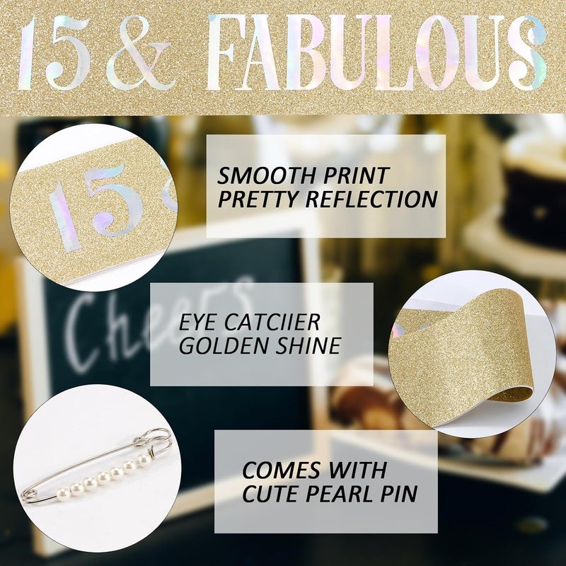 Hapdoo 15th Birthday Decorations for Women, 15th Birthday Gifts Sash and Crown for Women Set, 15 & Fabulous Party Supplies, Gold - Image 4